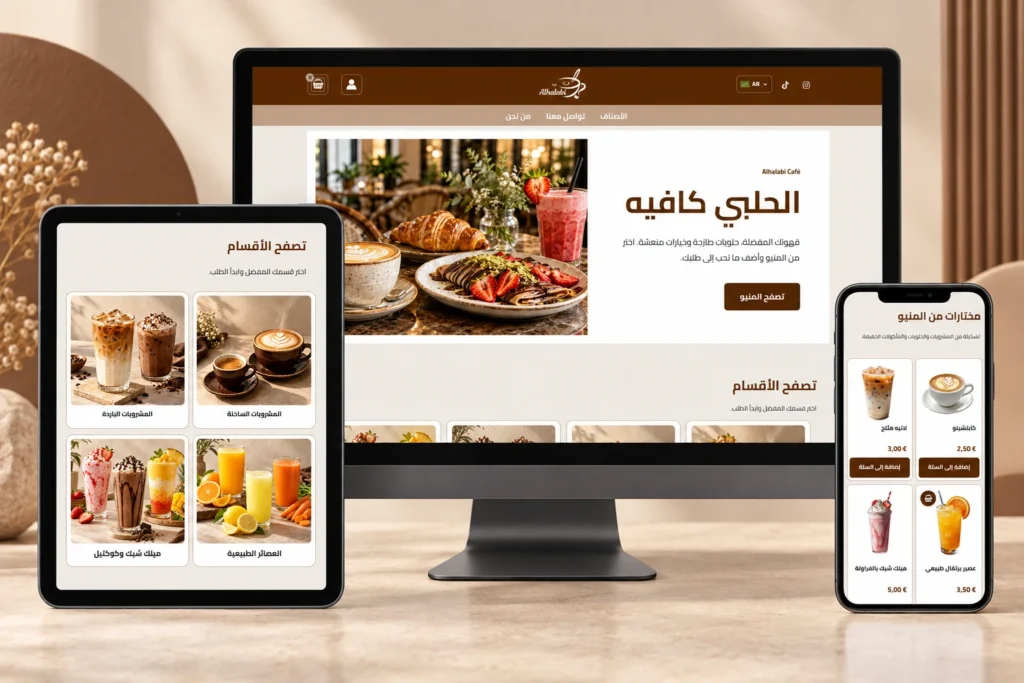 موكاب الحلبي كافيه يعرض تصميم الموقع على سطح المكتب والتابلت والجوال