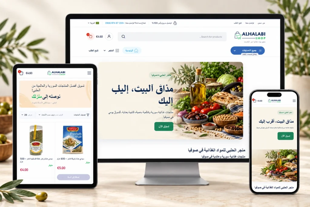 موكاب متجر الحلبي يعرض تصميم الموقع على سطح المكتب والتابلت والجوال