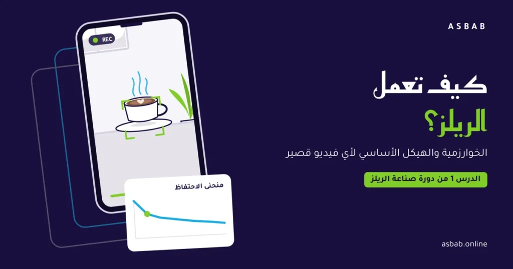 كيف تعمل الريلز: هاتف يصوّر فنجان قهوة بجانب منحنى الاحتفاظ
